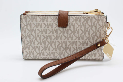 Michael Kors Jet Set Travel Double Zip Wristlet - Signature PVC (Vanilla PVC/Dark Acorn) Michael Kors