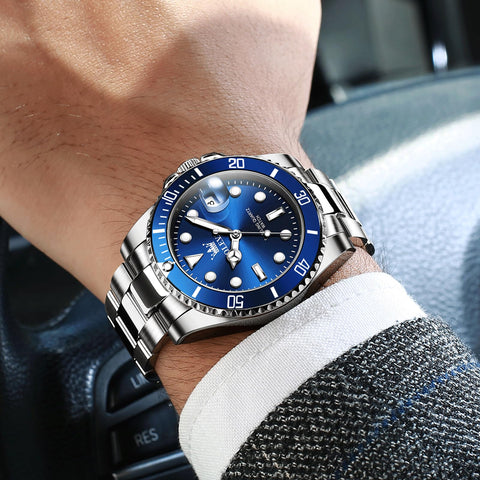 OLEVS Mens Silver Tone Watch Big Face Stainless Steel Band Blue Dial Round Dress Watches for Men Easy to Read Calendar Date Sport Analog Quartz Man Wristwatch Waterproof Luminous Reloj para Hombre