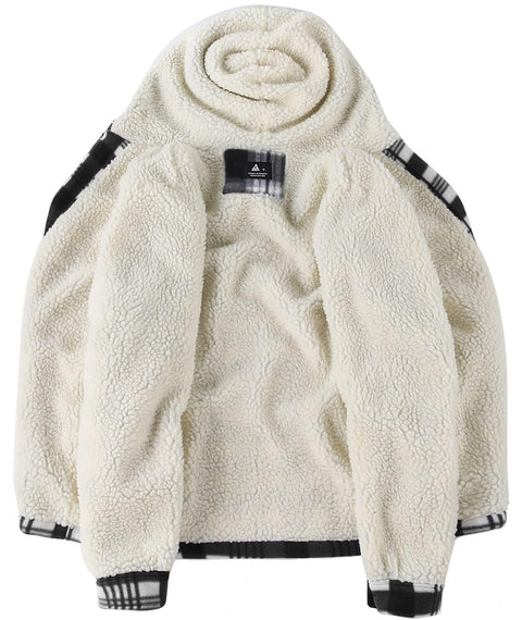 SCODI Men's Flannel Shirt Jacket Fleece Sherpa Lined Plaid Jackets Coat Full Zip Up Hoodie Winter Outwear Black White Large
