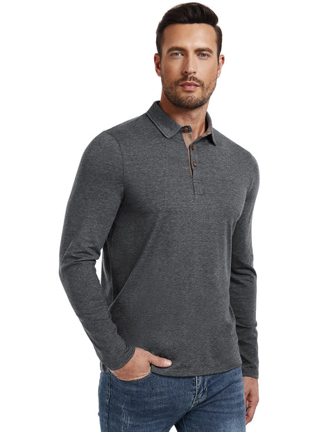 PEGENO Mens Polo Long Sleeve Shirt Classic Button Basic Solid Color Designed Collared Polo Shirt Fashion Casual Golf Shirts Dark Grey X Large