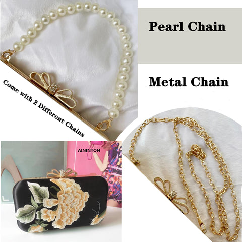 AININTON Women Embroidered Bag Silk Shoulder Bag Black Handbag Rectangle Crossbody Bag with Pearl Chain for Wedding Party Banquet AININTON