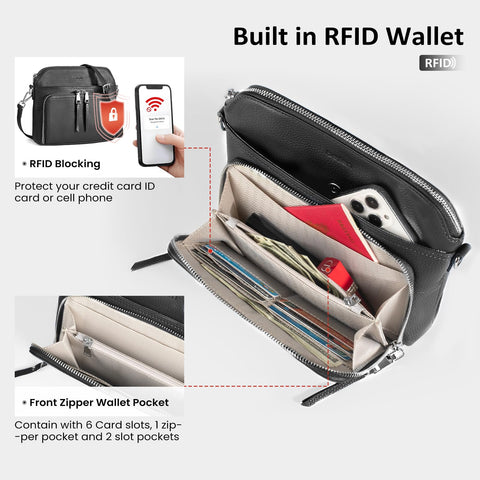 befen Black Genuine Leather Crossbody Purses for Women, Women's Small Crossbody Shoulder Bag Travel Purse with Built in RFID Wallet