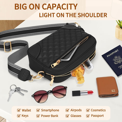 FYY Small Crossbody Bags for Women Quilted Vegan Leather Crossbody Purses for Women Travel with Adjustable Shoulder Strap Black