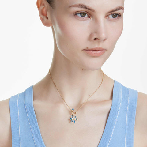 Swarovski Idyllia Pendant, Mixed cuts, Flower, Blue, Gold-Tone Finish