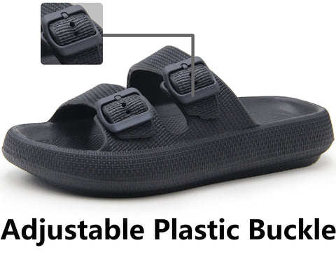Weweya Slides for Men Women Pillow Slippers Double Buckle Adjustable EVA Flat Sandal Black Women Size 5.5 6 6.5 Weweya