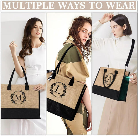 YOOLIFE Birthday Gifts for Women - Gifts for Women Her Initial S Jute Tote Bag w Makeup Bag Embroidery Monogram Mothers Day Birthday Gifts for Women Friends Teacher Mother Sisters Bride Wedding Gifts YOOLIFE