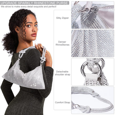 TOPALL Rhinestone Purse Sparkly Bag Silver Diamond Purses for Women Upgrade Evening Prom Rhinestone Bag Handbag Bling Hobo Bag for Party Club Wedding (Medium) TOPALL