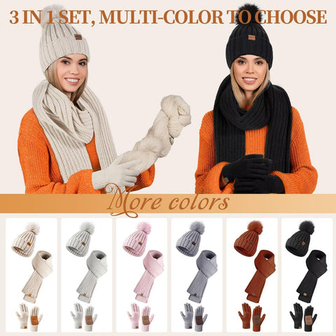 Womens Fleece Lined Winter Hat, Scarf and Glove Set - With Pom Pom Beanie, Long Scarf and Touchscreen Gloves (Oatmeal) FISFET