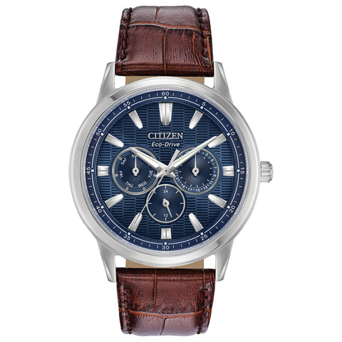Citizen Men's Eco-Drive Corso Classic Watch in Stainless Steel with Brown Leather strap, Blue Dial (Model: BU2070-12L) Citizen