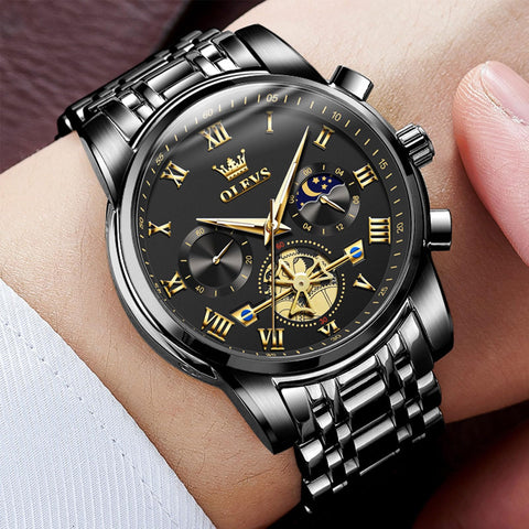 OLEVS Black Watches for Men Casual Fashion Big Face Man Watch Luxury Analog Quartz Men's Wrist Watch Elegant Waterpoof Stainless Steel Multifunction Chronograph Moon Phase Mens Watches