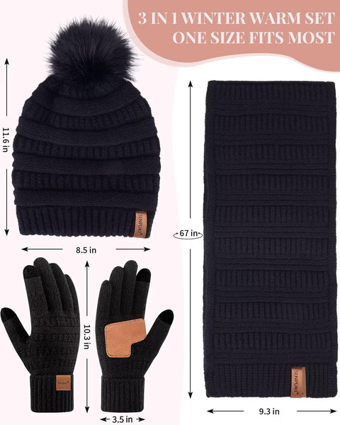 Womens Winter Beanie Hat Scarf Gloves Set, Cute Pom Pom Beanie with Warm Fleece Lined Long Knit Neck Scarf Touchscreen Gloves, 3 Piece Set for Cold Weather(Black) SENPUKI