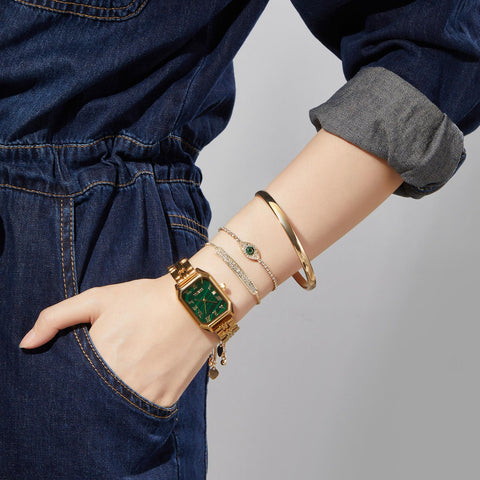 TIME100 Women's Rectangle Bracelet Watch Set Premium Crystal Accented Bangle Watch Golden W50889L TIME100