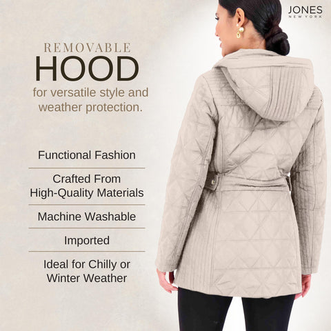 Jones NY Quilted Women's Puffer Jacket Womens Winter Coat with Removable Hood, Bone - PXS Jones New York