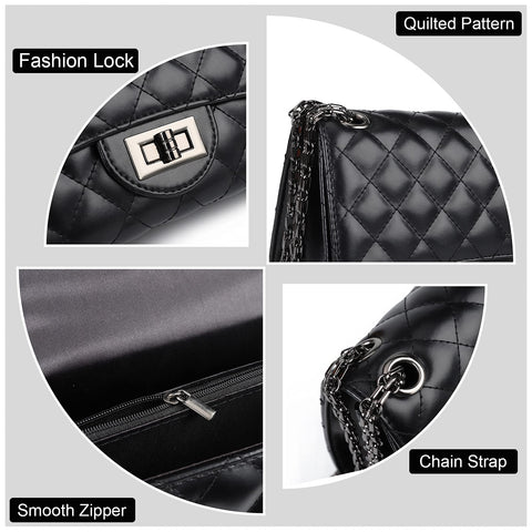 Gladdon Quilted Crossbody Bags for Women Leather Ladies Shoulder Purses with Chain Strap Stylish Clutch Purse Black I Gladdon