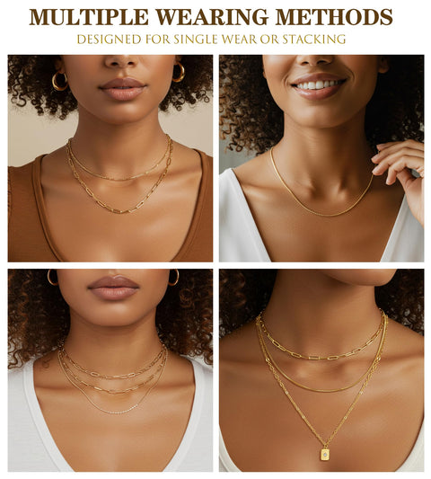 YEEZII 14K Gold Plated Layered Necklaces for Women Trendy, Dainty Choker Paperclip Box Chain Necklace, Stackable Women's Pendant Necklaces Jewelry Set