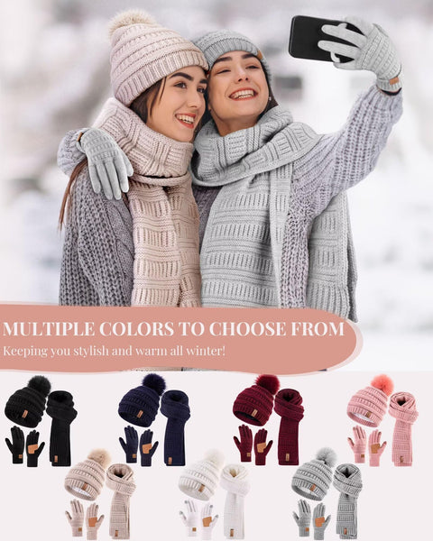 Womens Winter Beanie Hat Scarf Gloves Set, Cute Pom Pom Beanie with Warm Fleece Lined Long Knit Neck Scarf Touchscreen Gloves, 3 Piece Set for Cold Weather(Black) SENPUKI