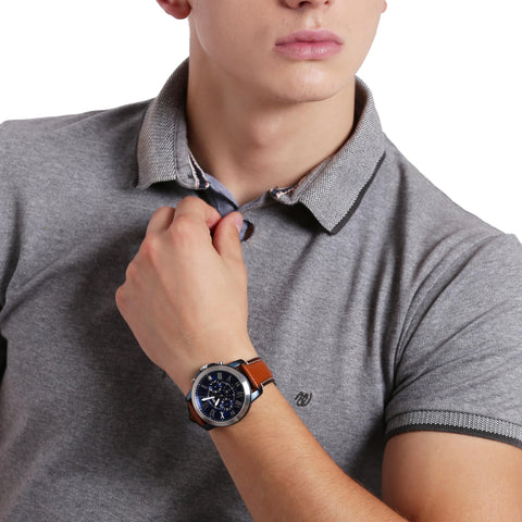 Fossil Men's Grant Quartz Stainless Steel and Leather Chronograph Watch, Color: Silver/Blue, Luggage (Model: FS5151) Fossil