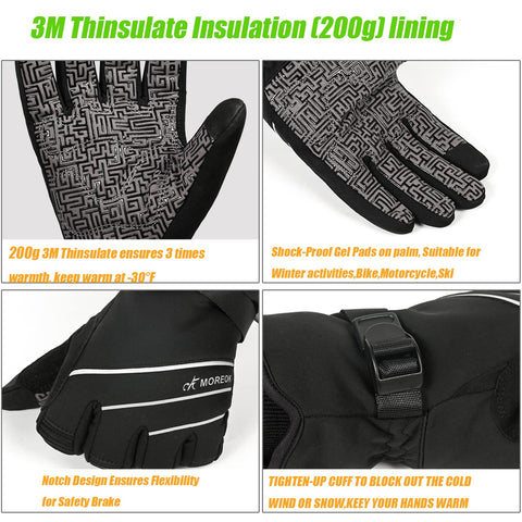 MOREOK Waterproof & Windproof -30°F Winter Gloves for Men/Women, 3M Thinsulate Thermal Gloves Touch Screen Warm Gloves for Skiing,Cycling,Motorcycle,Running-Black-L MOREOK