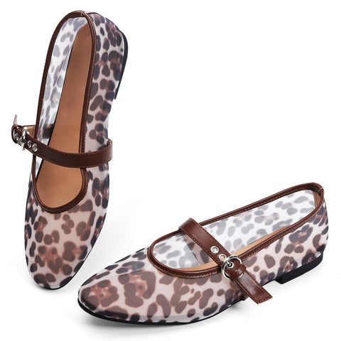 Leopard Flats for Women Mesh Ballet Flats Mary Jane Animal Print Shoes Slip On Casual Breathable Ballerina Flats