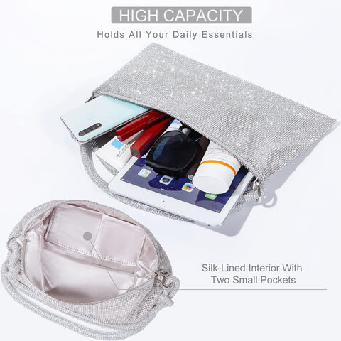 TOPALL Rhinestone Purse Sparkly Bag Silver Diamond Purses for Women Upgrade Evening Prom Rhinestone Bag Handbag Bling Hobo Bag for Party Club Wedding (Medium) TOPALL