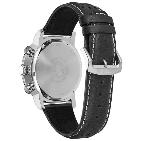 Citizen Men's Eco-Drive Weekender Brycen Chronograph Watch in Stainless Steel, Black Leather strap, Black Dial (Model: CA0649-14E) Citizen