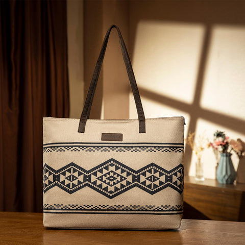 Wrangler Tote Purse Bag Aztec Canvas Shoulder Bags Native American Western Handbags for Women Genuine Leather Strap Hobo Bag WG53-8112TN Montana West