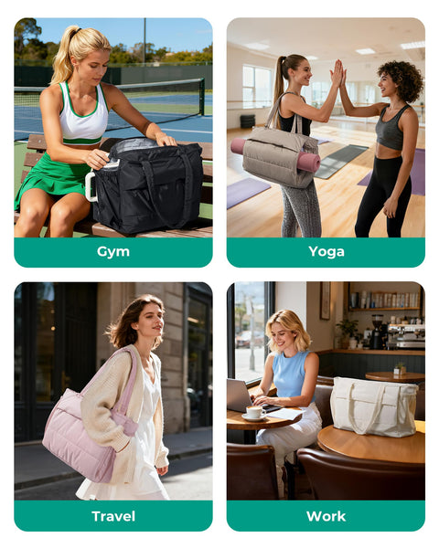 BAGSMART Tote Bag for Women, 22L Puffer Gym Bag for 40oz Tumbler, Work Tote Handbag for Travel Yoga College, Black