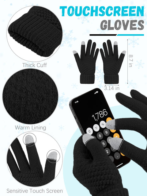 Earmuffs Hat Gloves Scarf Set Women, Black Gray White Mix Touchscreen Gloves Ear Warmer Knit Scarf Beanie for Winter LOROME