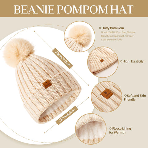 Coolprince Womens Long Scarf Gloves and Hat Set Cold Weather Hat Scarf Glove Set for Women Winter Beanie Hats with Pom Pom Apricot Coolprince