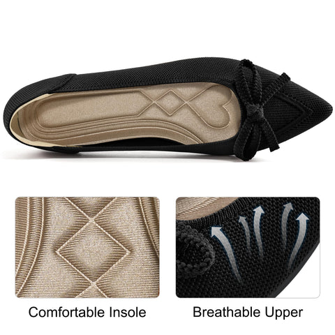 Ablanczoom Ballet Flats Shoes for Women: Dressy Pointed Toe Bow Knit Flats Comfortable Slip On Work Business Shoes for Driving Dating Wedding Black