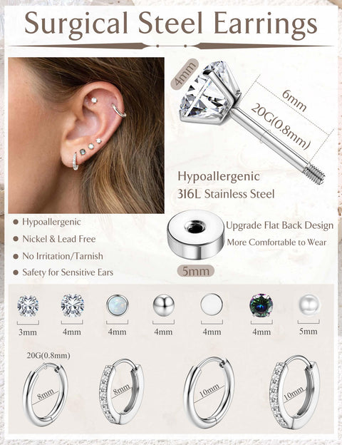 Jstyle Hypoallergenic Silver Stud Hoop Earrings for Women Small Flat Back Surgical Stainless Steel Earrings for Sensitive Ears Trendy Silver Hoops Cartilage Earring Stack Set Multiple Piercing Jewelry