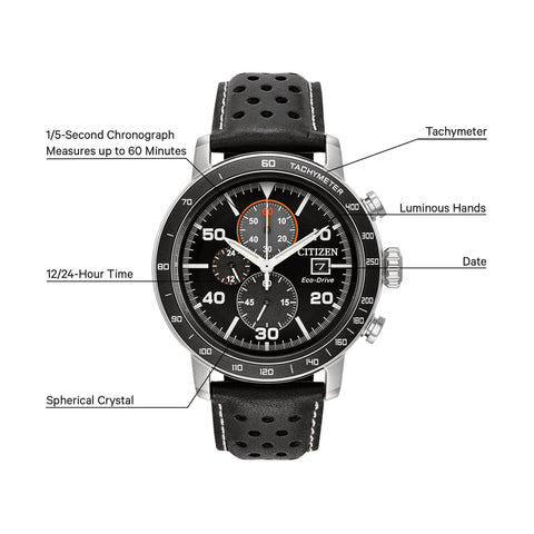 Citizen Men's Eco-Drive Weekender Brycen Chronograph Watch in Stainless Steel, Black Leather strap, Black Dial (Model: CA0649-14E) Citizen