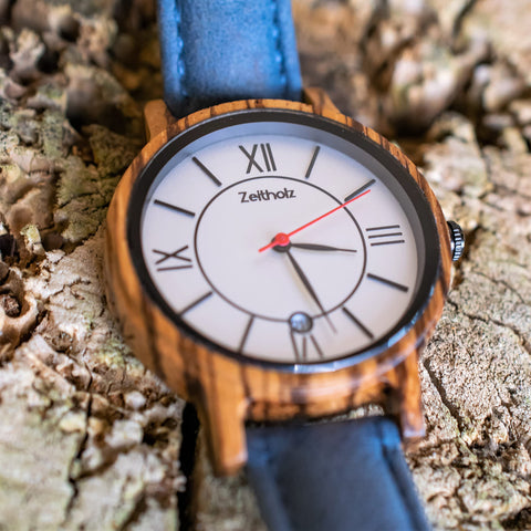 Zeitholz Wooden Watch Women, Wooden Watch, Gifts, Analog Watch, Date, New Rosenbach Collection 36mm, Natural Wood, Japanese Quartz Movement, Leather Strap. (White) Zeitholz