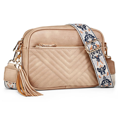 GLOSIW Quilted Crossbody Bags for Women Vegan Leather Shoulder Handbag Trendy Crossbody Purses with Adjustable Wide Strap（Light Brown） GLOSIW