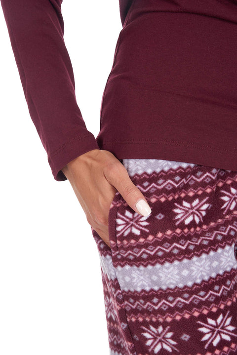 Cherokee Women's Pajama Set Soft Breathable Shirt and Pants, Medium, Wine Fairisle