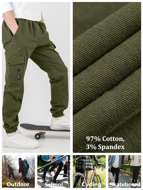 CAMLAKEE Boys Cargo Pants for Kids Stretch Elastic Waist School Youth Twill Joggers Black 12-13 Years/Size 160