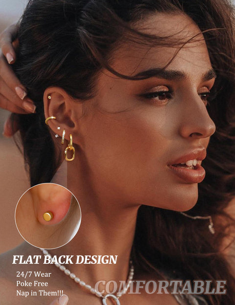 LOLIAS Flat Back Earrings for Women Hypoallergenic Surgical Steel Earrings for Sensitive Ears-20G Cartilage Earring Stacks 14K Gold Plated Hoops Flatback Stud Earring Sets for Multiple Piercing 14K Gold Plated