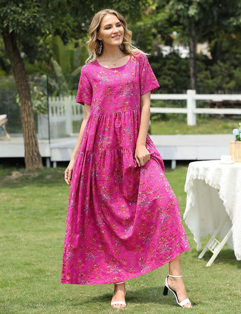 YESNO Women Casual Loose Bohemian Floral Dress with Pockets Short Sleeve Long Maxi Summer Beach Swing Dress L EJF CR26 Pink YESNO