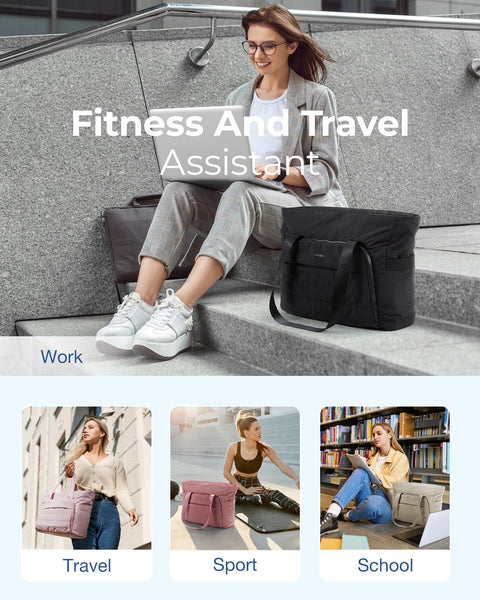 BAGSMART Tote Bag for Women, Lightweight Large Tote Bag with Compartments and Yoga Mat Strap, Quilted Shoulder Bag Handbag for Travel, Work, Gym, Pink BAGSMART