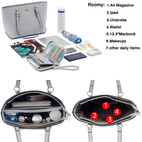 Purses And Wallets Set For Women Work Tote Handbags Shoulder Bag Top Handle Totes Purse With Matching Wallet Grey Large Qiyuer