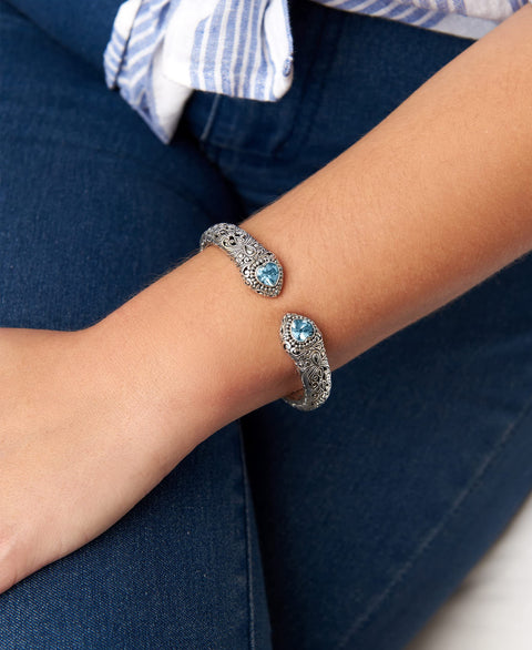 DEVATA Sterling Silver 925 with Blue Topaz Bali Filigree Cuff Bracelet DHK3215ASSBT (Size M) DEVATA