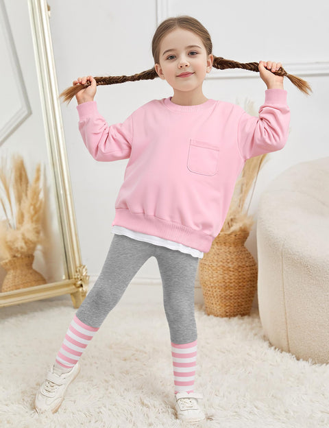 NAPU Little Girls Clothes 4T Toddler Girl Outfits Size 5T Winter Clothes for Kids Pullover Pink Long Sleeve Sweatsuits and Striped Leggings Gray Pants Casual Fall Outfit