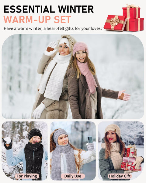 Womens Winter Beanie Hat Scarf Gloves Headband Set, Slouchy Beanie Ear Warmer with Fleece Lined Knit Neck Scarf Touchscreen Gloves, 4 Piece Warm Gifts Set for Mom Her Cold Weather(Oatmeal)