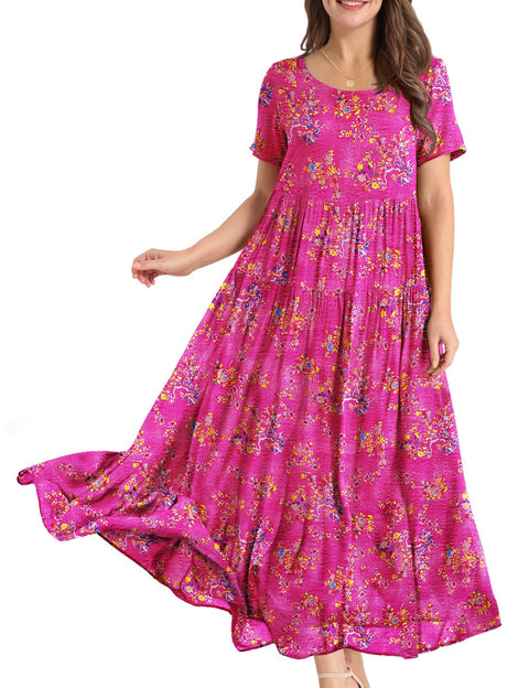 YESNO Women Casual Loose Bohemian Floral Dress with Pockets Short Sleeve Long Maxi Summer Beach Swing Dress L EJF CR26 Pink YESNO