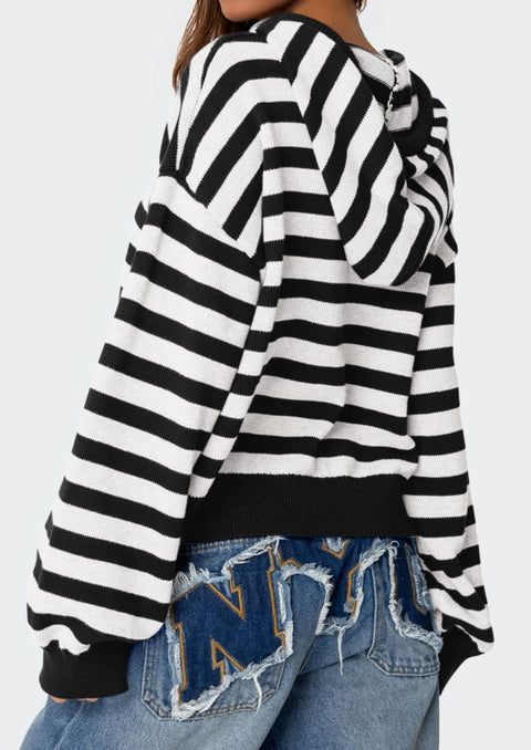 PRETTYGARDEN Womens Striped Sweaters 2025 Fall Pullover Hoodies Y2K Casual Long Sleeve Tops Winter Fashion Clothing (Striped Black White,Large)