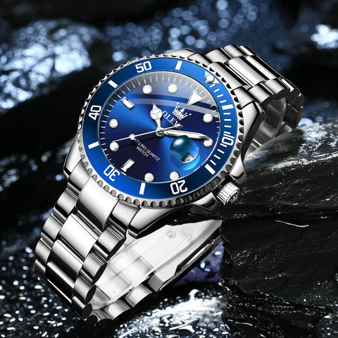 OLEVS Mens Silver Tone Watch Big Face Stainless Steel Band Blue Dial Round Dress Watches for Men Easy to Read Calendar Date Sport Analog Quartz Man Wristwatch Waterproof Luminous Reloj para Hombre