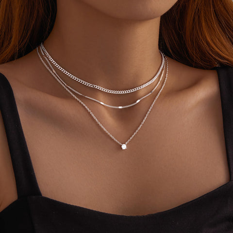 WomenGifts Layered Silver Necklaces for Women, Sterling Silver Cute Pendant Necklace Set with Dainty Cubic Zirconia, Stackable Cuban Chain Choker, Trendy Waterproof Non Tarnish Jewelry Gift