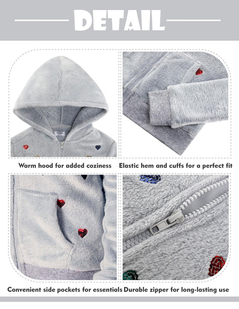 V.&GRIN Girl Zip up Hoodie Sweatshirt Soft Fuzzy Fleece Jacket with Pocket for Girls 5-16 Years(Gray Hearts 7-8)