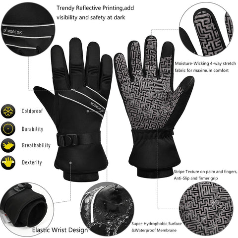 MOREOK Waterproof & Windproof -30°F Winter Gloves for Men/Women, 3M Thinsulate Thermal Gloves Touch Screen Warm Gloves for Skiing,Cycling,Motorcycle,Running-Black-L MOREOK