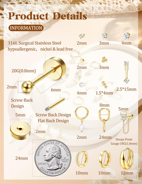 LOLIAS Flat Back Earrings for Women Hypoallergenic Surgical Steel Earrings for Sensitive Ears-20G Cartilage Earring Stacks 14K Gold Plated Hoops Flatback Stud Earring Sets for Multiple Piercing 14K Gold Plated